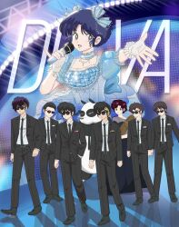  2girls 6+boys :d alternate_costume belt belt_buckle black_belt black_dress black_hair black_necktie black_pants black_shoes blue_choker blue_dress blue_hair braid brown_hair buckle character_request choker closed_mouth dress english_commentary english_text fingerless_gloves formal_clothes gloves hibiki_ryouga highres holding holding_microphone idol microphone multiple_boys multiple_girls music necktie pants pink_eyes puffy_short_sleeves puffy_sleeves purple_hair ranma_1/2 saotome_genma_(panda) saotome_nodoka saotome_ranma shoes short_sleeves singing single_braid smile split_mouth sunglasses tachitach tendou_akane v-shaped_eyebrows yellow_eyes 