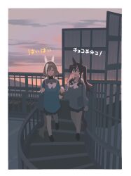  2girls absurdres animal_ears ashinowoto black_hair border bow bowtie brown_hair cheval_grand_(umamusume) commentary_request gradient_sky grey_sky highres horse_ears horse_girl horse_tail horseshoe_ornament long_hair multicolored_hair multiple_girls open_mouth outdoors school_uniform short_hair short_hair_with_long_locks siblings sidelocks sisters sky smile streaked_hair tail twintails umamusume vivlos_(umamusume) white_border white_bow white_bowtie white_streaks 