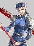  1boy blue_hair earrings fate/stay_night fate_(series) gae_bolg jewelry lancer long_hair polearm ponytail red-trio red_eyes solo spear weapon 