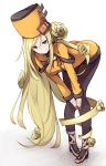  1girl bent_over blonde_hair blue_eyes flower guilty_gear guilty_gear_xrd hat long_hair looking_at_viewer millia_rage roll_okashi smile solo very_long_hair white_background 