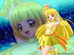  1girl artist_name back_bow bad_id blonde_hair blunt_bangs boots bow breasts coco_(idol)_(mermaid_melody_pichi_pichi_pitch) coco_(mermaid_melody_pichi_pichi_pitch) dated earrings foot_out_of_frame frilled_boots frilled_wristband frills highres holding holding_microphone idol jewelry long_hair looking_at_viewer medium_breasts mermaid_melody_pichi_pichi_pitch microphone necklace open_mouth orange_bow shell shell_necklace shirt skirt sleeveless sleeveless_shirt smile solo standing standing_on_one_leg takachan very_long_hair yellow_boots yellow_eyes yellow_shirt yellow_skirt zoom_layer 