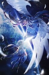  2girls black_hair blonde_hair boots brown_boots brown_skirt columbina_(genshin_impact) commentary dress english_commentary feathers floating_hair flower genshin_impact hair_flower hair_ornament head_wings highres holding_hands kino-cands lens_flare long_hair long_sleeves looking_at_another lumine_(as_heaven_and_earth_are_made_anew)_(genshin_impact) lumine_(genshin_impact) multicolored_hair multiple_girls off-shoulder_dress off_shoulder planet purple_hair short_hair_with_long_locks skirt sky space star_(sky) starry_sky thigh_boots transparent_wings violet_eyes white_dress wings yellow_eyes 