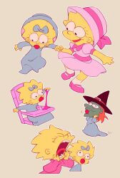  2girls baby blue_bow blue_hat blue_jumpsuit bow child closed_eyes collared_dress colored_skin commentary dress eyelashes hair_bow hat hat_bow hat_ribbon high_chair highres holding_hands jumpsuit kinako_(moment) lisa_simpson maggie_simpson mary_janes mask matt_groening_(style) multiple_girls official_alternate_costume onesie open_mouth pacifier pink_dress pink_hat pink_shoes puffy_short_sleeves puffy_sleeves ribbon romper shoes short_sleeves shouting siblings sisters slime_(substance) smile socks the_simpsons tongue tray untranslatable_commentary walking wall-eyed white_socks witch witch_hat yellow_skin 