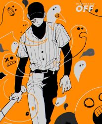  1boy baseball_bat baseball_cap baseball_uniform belt closed_mouth commentary_request copyright_name cowboy_shot english_text extra_eyes ghost grid_teeth hat highres holding holding_baseball_bat long_sleeves male_focus neg_50asu off_(game) sportswear the_batter_(off) 