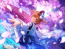  1girl aijou_karen blue_shorts blurry blurry_foreground bridge brown_eyes brown_hair cherry_blossoms detached_sleeves falling_petals full_moon game_cg hat japanese_clothes kariginu looking_at_viewer looking_back moon night official_art onmyouji outstretched_arms parted_lips petals shikigami short_hair shorts shoujo_kageki_revue_starlight shoujo_kageki_revue_starlight_-re_live- solo standing two_side_up upper_body v-shaped_eyebrows water white_sleeves wide_sleeves 