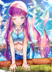  1girl ;| absurdres aqua_shirt arm_support bare_shoulders bird blouse blue_eyes blue_sky blurry blurry_background blush bracelet breasts closed_mouth clouds collarbone commentary cowboy_shot crop_top day fins frilled_shirt frills grass groin hair_ornament head_fins highres jewelry laura_la_mer laura_la_mer_(mermaid) long_hair looking_at_viewer medium_breasts mermaid monster_girl multicolored_shirt navel necklace one_eye_closed outdoors pearl_hair_ornament pearl_necklace pink_hair pond precure revision shirt sidelocks sky sleeveless sleeveless_shirt solo stomach sunlight thick_eyebrows tropical-rouge!_precure water water_drop wet wet_clothes yuutarou_(fukiiincho) 