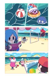 adeleine ball beach beach_volleyball black_hair blue_hair blush_stickers book colored_skin flamberge_(kirby) francisca_(kirby) gooey_(kirby) hat holding holding_book holding_shovel jester_cap kirby kirby_(series) magolor marx_(kirby) outdoors outline pink_hair purple_skin red_hair shovel skewedcanvas susie_(kirby) swim_ring volleyball_(object) white_outline 