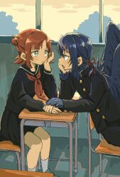  1boy 1girl black_sailor_collar black_serafuku blue_eyes blue_hair classroom commentary_request desk feathers gakuran half-closed_eyes half_up_bun hand_on_another's_hand harpy_boy head_rest highres indoors korisumochi looking_at_another monster_boy neckerchief open_mouth original ponytail red_hair red_neckerchief sailor_collar school_desk school_uniform serafuku window 