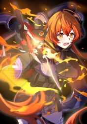  1girl ama_rinngoo asymmetrical_gloves black_hat black_horns black_jacket commentary_request cowboy_shot curled_horns dragon_girl dragon_horns fire gloves green_eyes hair_between_eyes hat highres holding holding_knife horns jacket knife long_hair magus_(zenless_zone_zero) mechanical_horns mechanical_tail mismatched_gloves open_mouth orange_hair orange_pupils orphie_magnusson tail teeth upper_teeth_only yellow_gloves zenless_zone_zero 