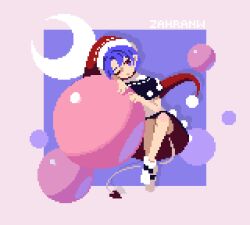  1girl artist_name black_capelet blob boots capelet closed_mouth commentary crescent doremy_sweet dream_soul dress hat looking_at_viewer multicolored_dress nightcap one_eye_closed pixel_art purple_hair red_hat short_hair solo tail tapir_tail touhou violet_eyes white_boots zahranworrell 
