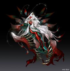  1girl absurdres aqua_eyes bare_shoulders bell bell_earrings black_background bodysuit bodysuit_under_clothes bound bound_legs brooch chain chinese_clothes chinese_commentary closed_mouth commentary_request curtained_hair earrings extra_eyes eyeshadow fingernails full_body gloved_sleeves gradient_background green_eyes green_hanfu green_robe grey_background hanfu headdress highres holding_vase huibuxing jewelry long_fingernails long_hair looking_at_viewer magatsugami_(onmyoji) makeup one_eye_covered onmyoji open_clothes open_hand open_robe parted_bangs petals plant red_bodysuit red_eyeshadow red_nails red_petals ring robe side_slit single_sleeve solo string third_eye_on_chest two-tone_robe veil venus_flytrap vines watermark weibo_watermark white_hair white_hanfu white_robe white_veil wide_sleeves wing_brooch 