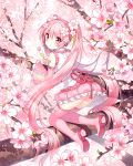  1girl absurdly_long_hair blush boots cherry_blossoms dango detached_sleeves flower food from_behind hair_flower hair_ornament hatsune_miku kneeling long_hair looking_back nardack pink_boots pink_eyes pink_hair pink_legwear sakura_miku skirt solo thigh-highs thigh_boots tree twintails very_long_hair vocaloid wagashi 
