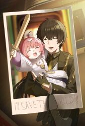  1boy 1girl absurdres adoptive_parent_and_adoptive_child aemeath_(wuthering_waves) aemeath_(young)_(wuthering_waves) ahoge ashamutoki black_gloves black_hair black_jacket closed_eyes commentary dress english_commentary father_and_daughter fingerless_gloves gloves hair_ornament highres holding holding_photo holding_sword holding_weapon jacket long_sleeves male_focus male_rover_(perpetual_spark)_(wuthering_waves) male_rover_(wuthering_waves) open_mouth photo_(object) pink_hair rover_(wuthering_waves) smile solo sword weapon white_dress wooden_sword wuthering_waves 