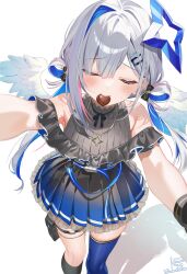  1girl amane_kanata amane_kanata_(work) angel_wings asymmetrical_legwear belt beret black_dress black_gloves black_socks blue_belt blue_hair blue_thighhighs blue_wings candy chocolate colored_inner_hair commentary_request dress feathered_wings food food_in_mouth frilled_dress frills gloves gradient_wings grey_hair hair_ornament hair_rings hairclip halo hat heart heart-shaped_chocolate heart-shaped_food highres hololive incoming_food incoming_kiss jewelry kneehighs long_hair low_twintails mini_wings mismatched_legwear mouth_hold multicolored_hair multicolored_wings necklace off-shoulder_dress off_shoulder official_alternate_costume official_alternate_hairstyle outstretched_arms pink_streaks pleated_dress pouch pov reaching reaching_towards_viewer shadow short_dress short_hair simple_background single_hair_intake single_kneehigh single_sock single_thighhigh socks solo star_(symbol) star_halo star_necklace thigh-highs thigh_pouch tilted_halo twintails uekana9 uneven_legwear virtual_youtuber white_background white_hat white_wings wings 