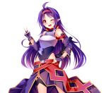  1girl ;d detached_sleeves fingerless_gloves gloves grandia_bing hairband hand_on_hip long_hair looking_at_viewer one_eye_closed open_mouth purple_gloves purple_hair red_eyes simple_background smile solo sword_art_online v white_background yuuki_(sao) 