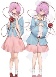  1girl 258n black_hairband blue_shirt collar commentary english_commentary frilled_collar frilled_sleeves frills full_body hairband highres komeiji_satori looking_at_viewer multiple_views pink_eyes pink_hair pink_skirt red_shoes shirt shoes short_hair simple_background skirt standing third_eye touhou white_background white_shirt wide_sleeves 