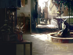  1boy arch_bridge awning bad_deviantart_id bad_id bridge building commentary corel_painter_(medium) dappled_sunlight day english_commentary english_text fishing fishing_rod fountain harry_potter_(series) hat holding holding_fishing_rod outdoors photoshop_(medium) plant potted_plant rans_(deviantart) robe scenery shop still_life storefront sunlight table tree urban wide_shot window wizard wizard_hat wizarding_world 
