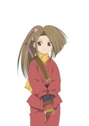 1girl artist_request brown_eyes brown_hair commentary cowboy_shot fujibayashi_suzu game_cg gloves katana long_hair looking_at_viewer ninja official_art own_hands_together pants pink_ribbon ponytail red_gloves red_pants red_shirt ribbon scarf shirt smile solo sword tales_of_(series) tales_of_asteria tales_of_phantasia third-party_source transparent_background weapon wide_ponytail yellow_scarf 