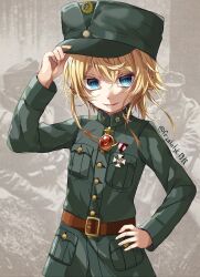 1girl adjusting_clothes adjusting_headwear army artist_name belt blonde_hair blue_eyes commission cowboy_shot derivative_work epaulettes frankotyk1918 hat highres jacket long_sleeves looking_at_viewer mazepynka military military_hat military_jacket military_uniform open_mouth peaked_cap russian_civil_war short_hair smile solo standing tanya_degurechaff ukraine youjo_senki 