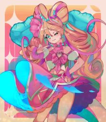  1girl ;) absurdres blonde_hair blue_eyes bow brooch clothes_lift commentary cowboy_shot cropped_shirt cure_idol detached_sleeves drill_hair earrings frilled_cuffs hairband halterneck hand_on_own_hip heart heart_brooch highres idol_heart_incom impossible_hair jewelry kimi_to_idol_precure looking_at_viewer magical_girl medium_skirt midriff multicolored_hair navel one_eye_closed pink_bow pink_hair pink_shirt pink_skirt pointing pointing_at_self precure puffy_detached_sleeves puffy_sleeves sakura_uta_(precure) shirt skirt skirt_lift smile solo standing two-tone_hair white_hairband wind wind_lift yuutarou_(fukiiincho) 