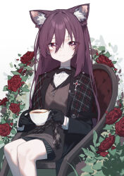  1girl absurdres animal_ear_fluff animal_ears arknights beudelb black_bow black_bowtie black_gloves black_jacket bow bowtie brown_sweater_vest chair closed_mouth commentary_request commission cup drink eyes_visible_through_hair feet_out_of_frame flower gloves hair_between_eyes highres holding holding_drink jacket jewelry korean_commentary light_smile long_hair long_sleeves looking_at_viewer melantha_(arknights) mixed-language_commentary necklace partial_commentary pixiv_commission purple_hair red_flower red_rose rose shirt sitting solo sweater_vest tea teacup traditional_bowtie violet_eyes white_shirt 