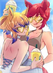  2girls ;q alternate_hairstyle animal_ears backless_swimsuit bikini bikini_top_only blonde_hair blue_eyes blue_hair blue_sky bracelet brown_bikini brown_hair closed_mouth clouds cloudy_sky commentary cup day disposable_coffee_cup disposable_cup ear_picking from_behind frown grey_shorts hair_bun hair_up halterneck hands_on_another's_waist highres holding holding_cup holding_hands horse_girl jewelry looking_at_viewer looking_back midriff multicolored_hair multiple_girls obey_your_master_(umamusume) one-piece_swimsuit one_eye_closed outdoors ponytail short_ponytail shorts single_hair_bun sky smile sparkle star-shaped_pupils star_(symbol) sunglasses sunshine_forever_(umamusume) swept_bangs swimsuit symbol-shaped_pupils tira_(tira_e) tongue tongue_out two-tone_hair umamusume umamusume:_cinderella_gray white_one-piece_swimsuit yellow-framed_eyewear 
