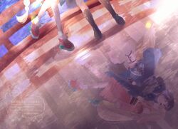  2girls absurdres arupaka5tuki black_boots blonde_hair boots bridge cho_kaguya-hime! commentary_request highres kaguya_(cho_kaguya-hime!) kiss long_hair lower_body multiple_girls out_of_frame purple_hair red_shoes reflection reflection_focus sakayori_iroha shoes sneakers standing standing_on_one_leg very_long_hair yuri 