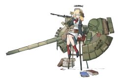  absurdres blonde_hair blue_eyes book cannon flag_armband frider glasses halo hand_on_own_cheek hand_on_own_face highres jitome maid maid_headdress mecha_musume neckerchief nsv original personification red_neckerchief round_eyewear russian_flag russian_text sitting spiked_halo spotlight stool t-80 t-80_(personification) war_thunder 