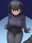  1girl bangs black_cape black_eyes black_gloves black_hair black_legwear black_sweater blue_eyes blush bow breasts cape cape_removed cowboy_shot dark-skinned_female dark_skin eyebrows_visible_through_hair from_above gloves hair_between_eyes head_wings kemono_friends looking_at_viewer ribbed_sweater short_hair sitting smile solo superb_bird-of-paradise_(kemono_friends) sweater tail totokichi turtleneck turtleneck_sweater 