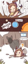  1girl alpaca animal_ears argentina argentinian_flag black_fur brown_hair digging dirty dirty_face earth_(planet) epaulettes gloves hairband highres holding holding_shovel horse_ears horse_girl long_hair moon one_of_agnes_digital open_mouth planet ponytail sakura_bakushin_o_(blossom_in_learning)_(umamusume) sakura_bakushin_o_(umamusume) shovel sleeveless smile sun umamusume white_gloves 