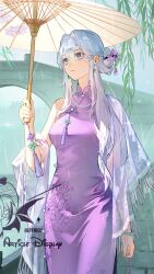  1girl arch_bridge beads black_hair blue_eyes bracelet breasts bridge china_dress chinese_clothes chinese_commentary chinese_knot chinese_text commentary_request dress earrings english_text grey_hair hair_bun hair_intakes hair_ornament highres holding holding_umbrella jewelry long_hair looking_to_the_side medium_breasts mixed-language_text necklace ningmeng_yiyu oil-paper_umbrella original outdoors pearl_necklace purple_dress shawl single_hair_bun solo tassel umbrella water_drop_hair_ornament watermark willow 