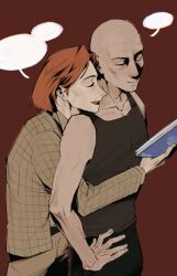  1boy 1girl bald black_tank_top blank_speech_bubble bob_cut brown_hair cowboy_shot disco_elysium grin hand_on_own_hip head_on_another's_shoulder highres hug hug_from_behind jidianfan judit_minot mack_torson short_hair smile speech_bubble talking tank_top toned toned_male 