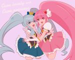  2girls aino_megumi blue_eyes blue_hair blue_skirt character_name crown cure_lovely cure_princess earrings hair_ornament happinesscharge_precure! heart_hair_ornament hug jewelry long_hair magical_girl meko_(2344927) mini_crown multiple_girls payot pink_background pink_eyes pink_hair pink_skirt ponytail precure shirayuki_hime skirt smile twintails wrist_cuffs 