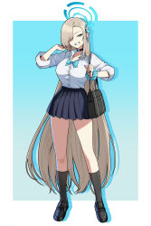  1girl absurdres aqua_background aqua_bow aqua_bowtie aqua_eyes aqua_halo aqua_nails aqua_ribbon aqua_scrunchie asuna_(blue_archive) asuna_(school_uniform)_(blue_archive) bag black_bag black_choker black_shoes black_skirt black_socks blonde_hair blue_archive border bow bowtie breasts choker collarbone commentary_request fingernails full_body hair_over_one_eye hair_ribbon halo hand_up highres junmin large_breasts legs long_fingernails long_hair long_sleeves looking_at_viewer nail_polish official_alternate_costume ribbon scrunchie shirt shoes shoulder_bag simple_background skirt smile socks solo standing teeth very_long_hair white_border white_shirt wrist_scrunchie 