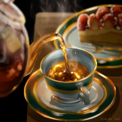 artist_name blurry blurry_background cake cake_slice commentary_request cup food food_focus fruit glass_teapot highres no_humans original pouring saucer still_life strawberry table tea teacup yoshida-smile 
