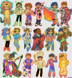  6+boys absurdres alexander_albon andrea_kimi_antonelli animal_costume animal_ears antennae ball batman_(series) bear_costume black_eyes black_hair black_jacket black_pants black_shoes blonde_hair blood blood_on_clothes blue_eyes blue_hoodie blue_pants blue_shirt blue_shoes bodysuit brown_eyes brown_hair cape care_bears carlos_sainz charles_leclerc chef chef_hat closed_eyes closed_mouth commentary cosplay dark-skinned_male dark_skin dc_comics english_commentary esteban_ocon everyone fake_animal_ears fake_antennae fernando_alonso formula_one franco_colapinto gabriel_bortoleto george_russell halloween halloween_costume hammer harley_quinn harley_quinn_(cosplay) hat highres holding holding_hammer holding_sword holding_unworn_cape holding_unworn_clothes holding_weapon hood hood_up hoodie isack_hadjar jacket jester_cap jester_costume joker_(dc) joker_(dc)_(cosplay) knight lando_norris lewis_hamilton liam_lawson lion_costume male_focus marvel matador max_verstappen multiple_boys nico_hulkenberg oliver_bearman onesie open_mouth orange_cape oscar_piastri outline pants paris_saint-germain pierre_gasly purple_jacket purple_pants rabbit_ears real_life red_bodysuit red_cape red_eyes red_shoes scooby-doo scooby-doo_(character) scooby-doo_(character)_(cosplay) shaggy_rogers shaggy_rogers_(cosplay) shirt shoes short_hair simple_background smile soccer_ball soccer_uniform sog_goog sonic_(series) sonic_the_hedgehog sonic_the_hedgehog_(cosplay) spider-man spider-man_(cosplay) spider-man_(series) sportswear sunglasses sword tsunoda_yuuki_(racecar_driver) unworn_cape vampire_costume weapon werewolf_costume white_background white_hat white_jacket white_shirt white_shoes zombie_costume 