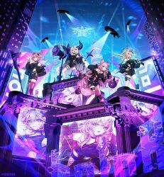  4girls :d :p ahoge animal_ears antenna_hair aqua_eyes aqua_thighhighs arm_up black_choker black_hairband black_horns black_jacket black_shirt black_shorts black_sports_bra blonde_hair blue_eyes braid braided_bangs braided_bun breasts building choker claw_pose closed_mouth colored_shoe_soles commentary_request copyright_notice crosshair_pupils crown_braid demon_horns double-parted_bangs double_bun grey_hair hair_between_eyes hair_bun hair_ornament hairband hakui_koyori hand_on_own_hip hand_up hands_up head_wings heterochromia highres holding holding_sword holding_weapon hololive holox horns jacket katana kazama_iroha la+_darknesss large_breasts leaf_hair_ornament long_hair looking_at_viewer medium_breasts multiple_girls night off_shoulder official_alternate_costume official_art open_mouth orange_eyes outdoors outstretched_arm pantyhose pink_hair pink_thighhighs pink_wings pointing pointy_ears pokimari ponytail pouch purple_streaks purple_thighhighs searchlight shirt shoes short_hair short_shorts shorts sidelocks single_hair_streak single_leg_pantyhose single_thighhigh skyscraper slit_pupils small_breasts smile sports_bra standing striped_horns sword tail takane_lui teeth thigh-highs thigh_pouch thigh_strap tongue tongue_out upper_teeth_only very_long_hair violet_eyes virtual_youtuber wavy_hair weapon white_pantyhose wings wolf_ears wolf_girl wolf_tail x_hair_ornament yellow_eyes 