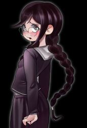 1girl black_background blush braid breasts cookiesonfloors cowboy_shot danganronpa:_trigger_happy_havoc danganronpa_(series) english_commentary from_behind fukawa_toko glasses grey_eyes highres long_hair long_sleeves looking_back mole mole_under_mouth open_mouth outline purple_hair purple_shirt purple_skirt raised_inner_eyebrows round_eyewear sailor_collar school_uniform serafuku shirt simple_background skirt small_breasts solo twin_braids white_outline white_sailor_collar 