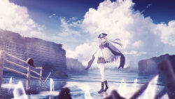  1girl absurdres asukake_project black_cape black_hat blue_sky brown_skirt cape clouds cloudy_sky commentary_request cumulonimbus_cloud day double_bun floating_hair full_body hair_bun hat heaven_burns_red highres jacket kunimi_tama long_hair long_sleeves looking_at_viewer military_hat miniskirt outdoors peaked_cap pink_eyes pink_hair plaid_clothes plaid_skirt reflection reflective_liquid ribbon ruins scenery shirt skirt sky smile solo thigh-highs two_side_up very_long_hair water white_shirt white_thighhighs zettai_ryouiki 