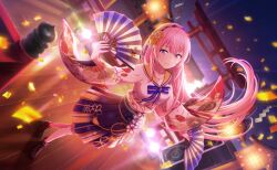  1girl blue_skirt brown_shoes colorful_palette confetti floral_print_shirt folding_fan full_body game_cg hair_between_eyes hand_fan highres holding holding_fan leo/need_luka long_hair megurine_luka official_alternate_costume official_art pink_hair pleated_skirt project_sekai sailor_collar sekai_no_happy_new_year!_(project_sekai) shirt shoes skirt solo sparkle third-party_source torii very_long_hair violet_eyes vocaloid white_shirt wide_sleeves yellow_sailor_collar 