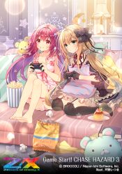  2girls ahoge antenna_hair babydoll black_gloves black_ribbon black_thighhighs brown_hair closed_mouth copyright_logo copyright_name copyright_notice couch dress english_text food gloves green_eyes hair_ornament hair_ribbon hair_scrunchie indoors kurosaki_kasuga logo long_hair low_twintails multiple_girls nei_(z/x) official_art on_couch plate playing_games playing_video_games popcorn pudding red_eyes ribbon scrunchie serino_itsuki sitting star_(symbol) stuffed_animal stuffed_toy teddy_bear thigh-highs twintails used_tissue z/x 