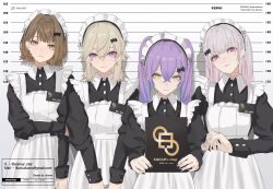  .akuma 4girls alternate_costume apron asumi_sena black_nails blonde_hair brown_eyes brown_hair crossed_bangs double-parted_bangs earclip earrings enmaided facial_mark gradient_hair grey_hair hair_between_eyes hair_intakes height_chart highres jewelry juliet_sleeves komori_met long_hair long_sleeves looking_at_viewer maid maid_apron maid_headdress medium_hair multicolored_hair multiple_girls pink_eyes puffy_sleeves purple_hair sendo_yuuhi shinomiya_runa streaked_hair twintails upper_body virtual_youtuber vspo! white_apron wrist_cuffs yellow_eyes 