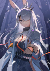  1girl absurdres animal_ears arknights belt black_belt black_dress black_gloves black_hairband blue_eyes closed_mouth coat cowboy_shot dress fingerless_gloves frostnova_(arknights) gloves hair_ornament hair_over_one_eye hairband hairclip highres long_hair looking_at_viewer one_eye_covered outdoors ququ_yige_tao rabbit_ears rabbit_girl scar scar_on_face scar_on_nose smile snowing solo standing turtleneck white_coat white_hair 