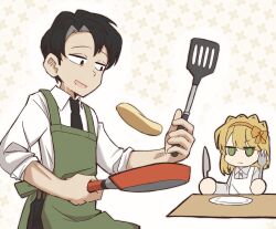  1boy 1girl apron belt black_eyes black_hair black_necktie black_pants blonde_hair bow bow_hairband braid brown_belt chibi collared_shirt commentary crown_braid curtained_hair food fork frying_pan green_apron green_eyes hairband highres holding holding_fork holding_frying_pan holding_knife holding_spatula jitome june_blues knife library_of_ruina looking_at_food necktie open_mouth orange_bow orange_hairband pancake pants parted_bangs plate project_moon roland_(project_moon) shirt short_hair sleeves_rolled_up smile solid_oval_eyes spatula table tiphereth_a_(project_moon) untranslatable_commentary white_shirt 