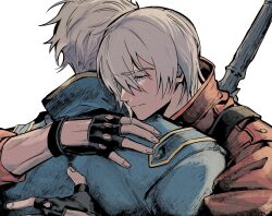  2boys black_gloves blue_eyes blue_jacket brothers closed_mouth clothing_cutout collared_jacket dante_(devil_may_cry) devil_may_cry_(series) devil_may_cry_3 fingerless_gloves glove_cutout gloves highres hug jacket male_focus multiple_boys parted_bangs pizzaaschoolll red_jacket siblings simple_background smile sword twins upper_body vergil_(devil_may_cry) weapon weapon_on_back white_background 