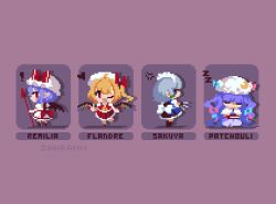  ! 4girls anger_vein artist_name ascot back_bow bat_wings between_fingers blonde_hair blue_eyes blue_hair book bow braid capelet character_name closed_eyes commentary crescent crescent_hat_ornament crystal crystal_wings dress english_commentary flandre_scarlet full_body green_bow grey_hair hair_bow hat hat_bow hat_ornament heart holding holding_knife izayoi_sakuya knife knives_between_fingers long_hair maid maid_headdress mob_cap multicolored_wings multiple_girls one_eye_closed one_side_up open_mouth patchouli_knowledge pixel_art puffy_short_sleeves puffy_sleeves purple_dress purple_hair red_bow red_eyes red_skirt red_vest remilia_scarlet short_sleeves siblings sisters skirt skirt_set sleeping smile spear_the_gungnir touhou vest white_capelet white_hat white_skirt wings yellow_ascot zahranworrell zzz 