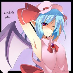  1girl absurdres adapted_costume armpits arms_behind_head bat_wings brooch dated dress eyes_visible_through_hair highres jewelry lavender_hair looking_at_viewer miton15 mob_cap pink_dress pointy_ears red_eyes remilia_scarlet short_hair sleeveless sleeveless_dress slit_pupils smile solo stretch touhou wings 