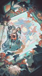  1girl absurdres cellphone commentary crt dual_persona flare_gun highres honkai:_star_rail honkai_(series) japanese_clothes kana_(knmoca) kimono phone red_kimono selfie sparkle_(doll)_(honkai:_star_rail) sparkle_(honkai:_star_rail) sparxie_(honkai:_star_rail) stream twintails untranslatable_commentary v white_hair 