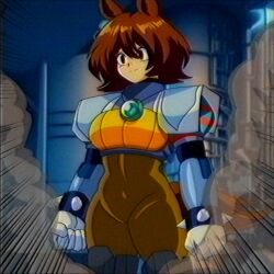  1990s_(style) 1girl absurdres agnes_tachyon_(tach-nology)_(umamusume) agnes_tachyon_(umamusume) ahoge android animal_ears armor bracelet breasts brown_hair chest_jewel clenched_hands earrings faux_retro_artstyle gloves hair_between_eyes highres horse_ears horse_girl horse_tail jewelry large_breasts lueduar mega_man_(series) mega_man_x_(series) red_eyes retro_artstyle robot short_hair shoulder_armor single_earring smile smoke solo spiked_bracelet spikes standing tail toned toned_female umamusume vhs_artifacts white_armor white_gloves wolf_cut 