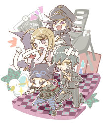  1girl 3boys ^^^ ahoge akamatsu_kaede analog_clock arm_belt backpack bag ball bandaged_head bandages bandaid bandaid_on_cheek bandaid_on_face bandaid_on_head beanie bear belt belt_buckle black_belt black_cloak black_eyes black_hair black_hat black_jacket black_pants black_shoes blonde_hair blue_pants blush_stickers brown_hair buckle buttons chain chair chalkboard checkered_floor chibi cigarette cloak clock closed_mouth collared_cloak collared_jacket crossed_arms crossed_bandaids cuffs danganronpa_(series) danganronpa_v3:_killing_harmony determined eyelashes fake_horns fangs finger_to_mouth first_aid_kit frown gakuran glitch gloom_(expression) hair_between_eyes hair_ornament hairclip half-closed_eyes hand_on_own_chest hat high_collar holding holding_ball holding_first_aid_kit horned_headwear horns hoshi_ryoma indoors injury jacket kneeling lapels laughing layered_sleeves leather leather_jacket leg_up long_hair long_hair_between_eyes long_sleeves monokuma mouth_hold multiple_boys musical_note musical_note_hair_ornament nervous nervous_sweating notched_lapels oma_kokichi outline pants parted_lips peaked_cap pink_vest pinstripe_jacket pinstripe_pants pinstripe_pattern pocket pointing potty print_headwear purple_cloak purple_hair saihara_shuichi school school_uniform shackles shirt shoes short_hair short_male single_ankle_cuff sleeve_cuffs sleeves_past_wrists sparkle star_(symbol) striped_clothes striped_pants sweat sweatdrop teeth ticktack_chicken two-sided_cloak two-sided_fabric two-tone_pants upper_teeth_only v-shaped_eyes vest violet_eyes white_background white_bag white_belt white_jacket white_outline white_shirt 